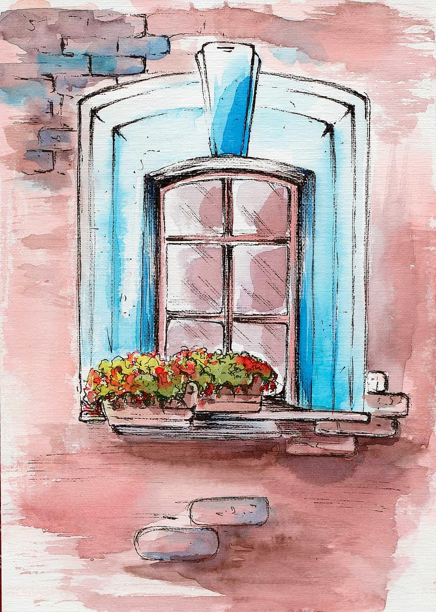 окно, жилой дом, акварельная живопись, картина, строительство, фон, подоконник, цветок, иллюстрация, старый, ваза