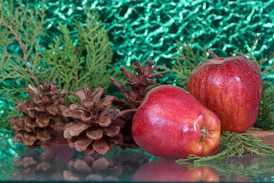 eple, frukt, furu kegle, jul, friskhet, mat, nærbilde, blad, grønn farge, spise sunt, bakgrunn