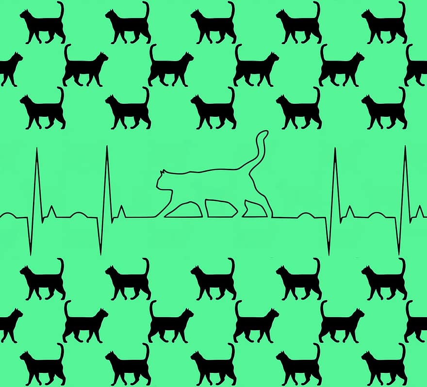 Background, Cats, Animal, Feline, Ekg, Heartbeat, Cute, Digital Paper, Wallpaper, Scrapbooking, Pattern