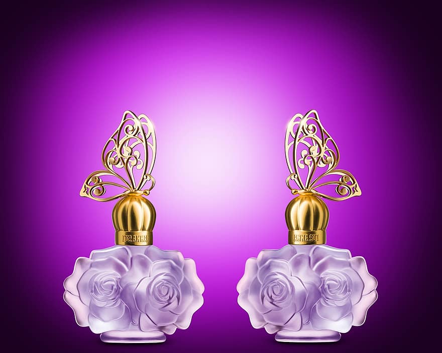 perfume, botella, mariposas, oro, fragancia, vaso, rosa, productos cosméticos, decoración, belleza, aromático