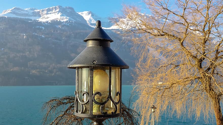фонарь, Lake Brienz, Швейцария, Альпы, панорама, природа, зима, снег, дерево, лес, время года