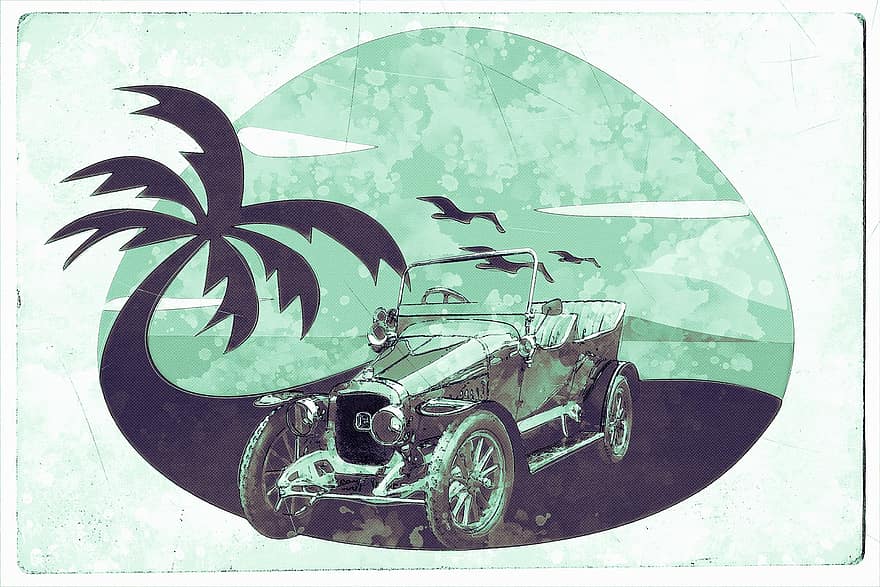 antik autó, autó, pálmafa, szüret, kocsi, lovagol, retro, zöld, képeslap