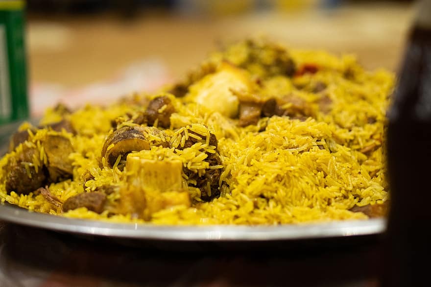 Kabsa, jídlo, kuchyně, velbloudí maso, maso, rýže, hashi, arabský, tradiční, detailní, Saudská arábie