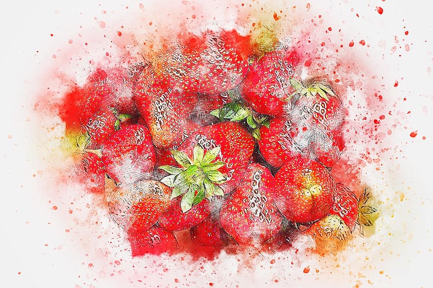 jordbær, frugt, mad, kunst, abstrakt, natur, akvarel, årgang, forår, kunstnerisk, design