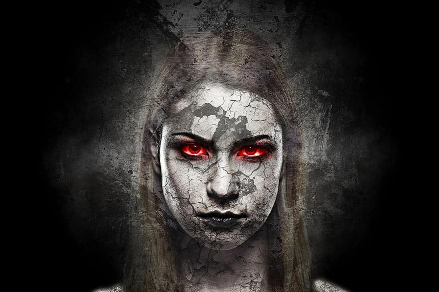 kvinde, ansigt, revner, portræt, vred, person, halloween, rædsel, skræmmende, digital manipulation, fotokunst