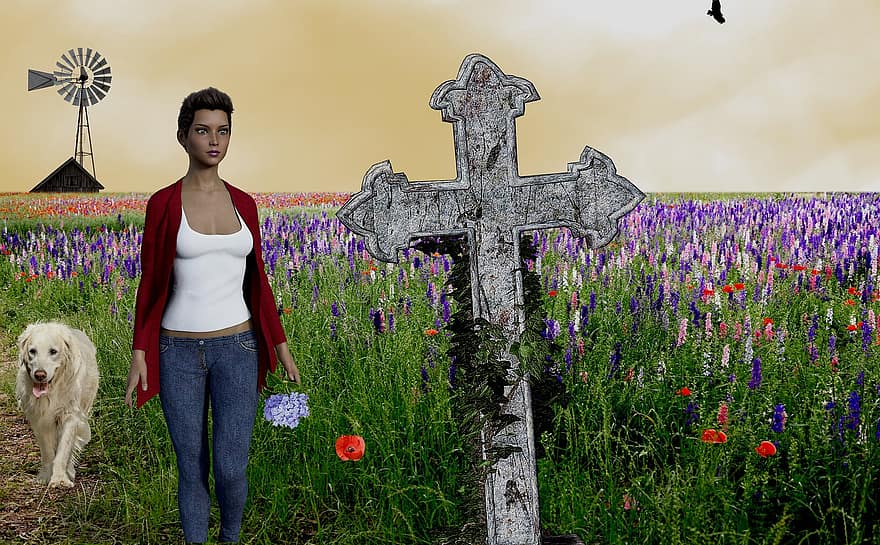 Woman, Dog, Flowers, Cemetery, Grave, Graveyard, Ancestors, Ranch, Spring, Wildflowers, Windmill