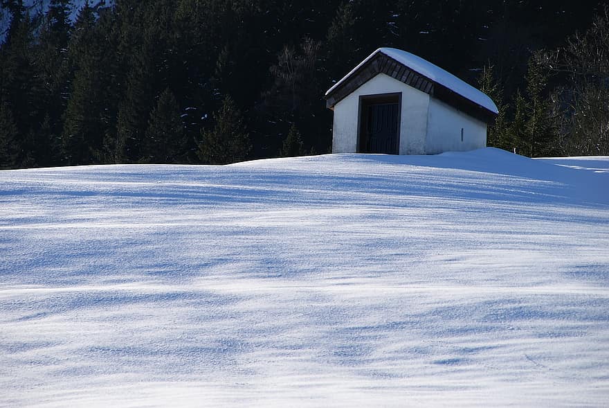 winter, sneeuw, kapel, landschap, gebouw, winterlandschap, berg-, Bos, seizoen, blauw, huisje
