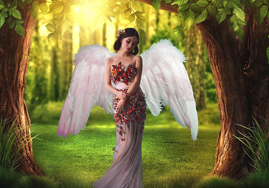 Hintergrund, Wald, mystisch, Engel, Fantasie, weiblich, Charakter, digitale Kunst