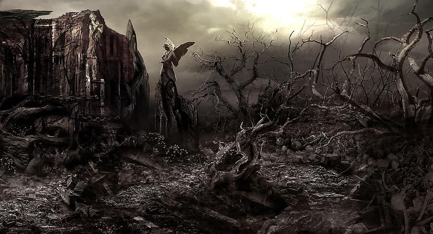 Hintergrund, Apokalypse, Engel, Statue, Zerstörung, Krieg, mythisch, Ödland, Baum, Wald, Landschaft