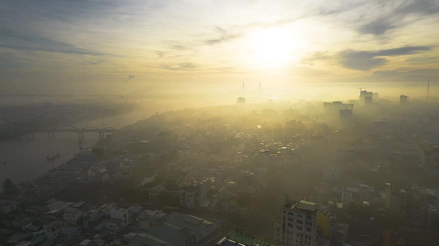 схід сонця, місто, Can Tho, В'єтнам, сонце, туман, хмари, небо, вранці, будівель, міський