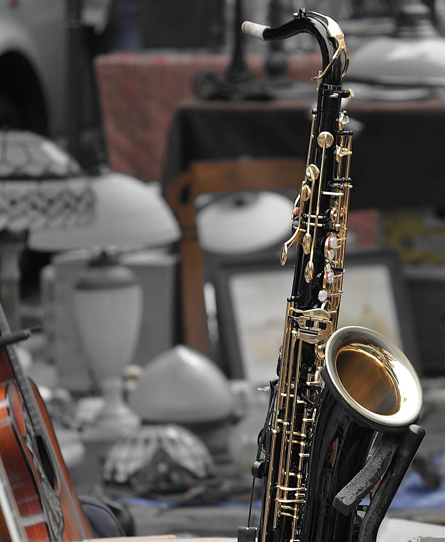 muziekinstrument, muziek-, saxofoon, vlooienmarkt