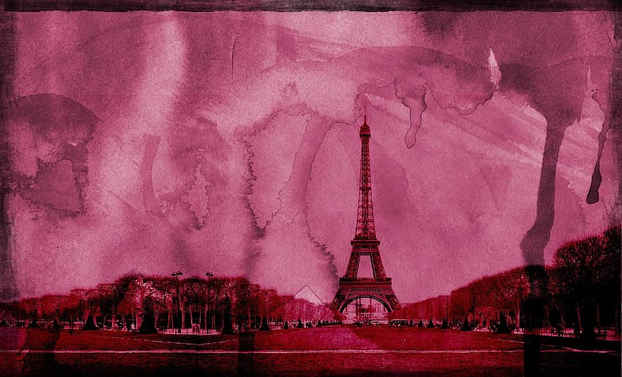 Paris, lyserød, Eiffeltårnet, akvarel, landskab, kunstværk, lyse, bred, kunstnerisk, maleri, himmel
