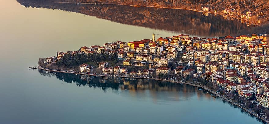 Kastoria, by, sø, Grækenland, solopgang, bygninger, by-, vand, afspejling, daggry, morgen
