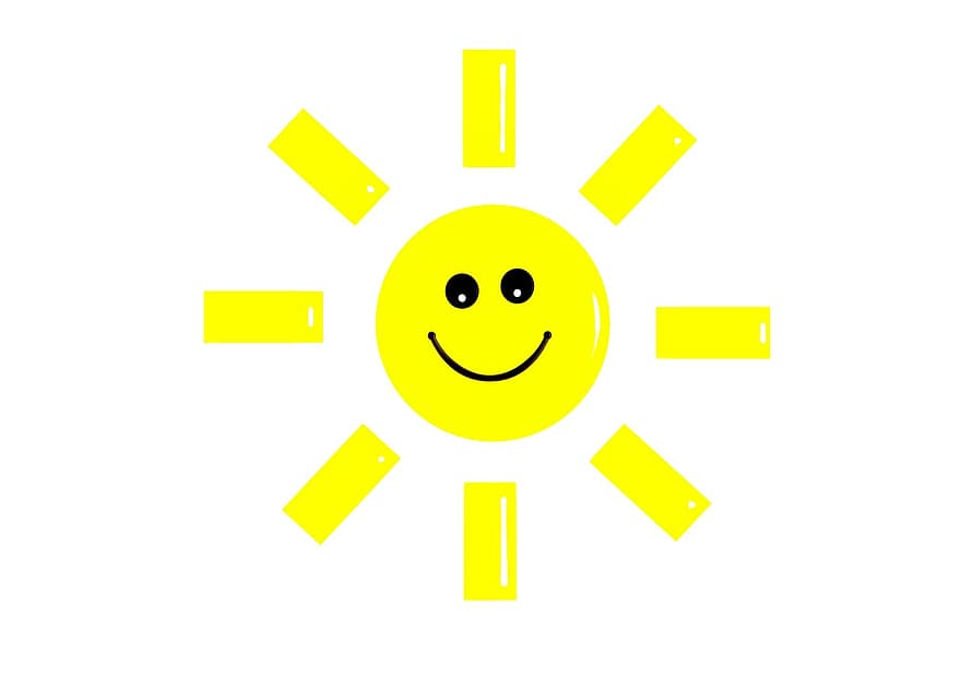 aurinko, hymy, sarjakuva, hymyilevä, säteet, onnellinen, loistava, kasvot, auringonpaiste, kesä, onni