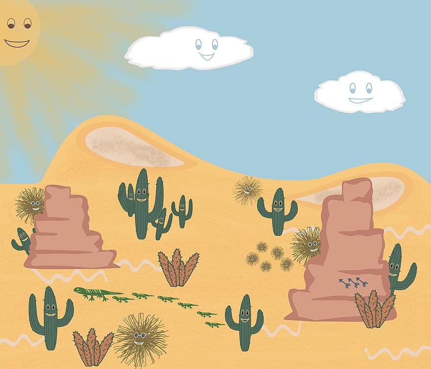 Sa mạc, vui mừng, mùa hè, nóng bức, bầu trời, đám mây, mặt trời, nụ cười, cát, đá, cây xương rồng