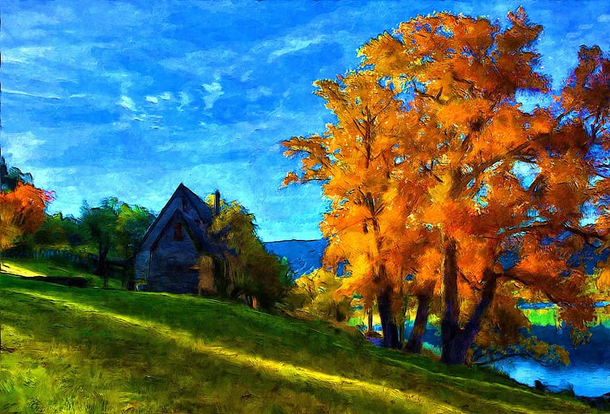 musim gugur, di luar ruangan, musim, menanam, pohon, rumah, struktur, langit, biru, warna, tanah pertanian