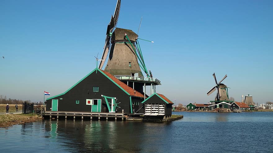 Nyderlandai, ežeras, vėjo malūnai, zaanse schans, vanduo, vėjo malūnas, žinoma vieta, mėlyna, laivas, kultūros, sraigtas