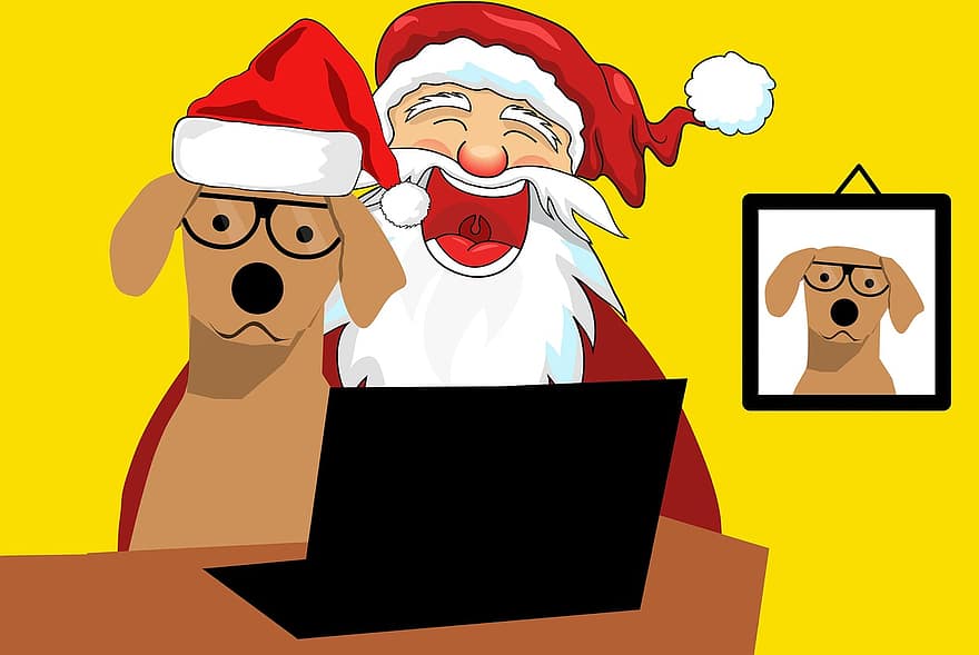Kalėdos, Santa, šuo, stalas, nešiojamas kompiuteris, namai, šventė, claus, išvakarės, Naujieji metai, šalčio