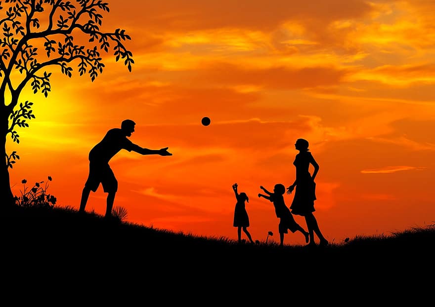 परिवार, खेल, माता-पिता, बच्चे, सूर्य का अस्त होना, सिल्हूट, कपोल कल्पित, आनंद, हर्ष, साथ में, मानव