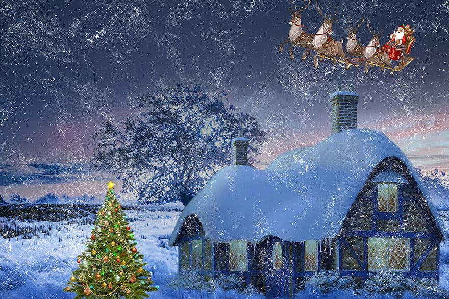 sneeuw, huis, Kerstmis, boom