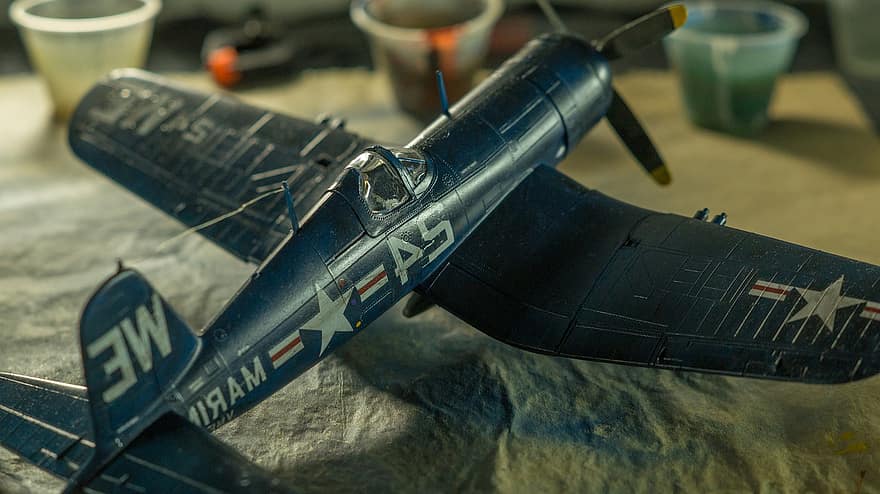 model, miniature, plast, historisk, fly, propel, luftvåben, amerikansk, os, F4U, Corsair