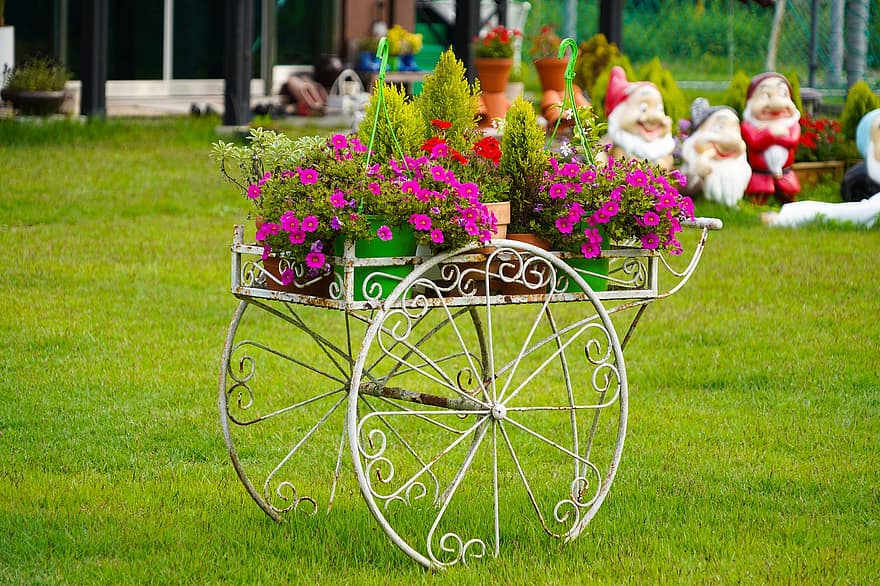 wagon, bloemen, plantenpotten, decoratief, decoratie, bloeien, planten, gras, gazon, werf, tuin-