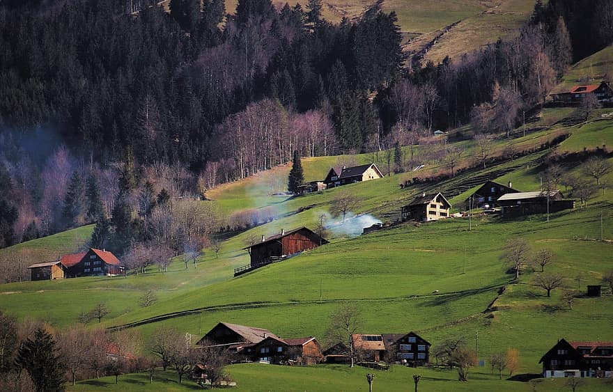 село, къщи, хълм, кабини, стръмен, наклон, дим, алпийско село, поле, планина, алпийски пейзаж