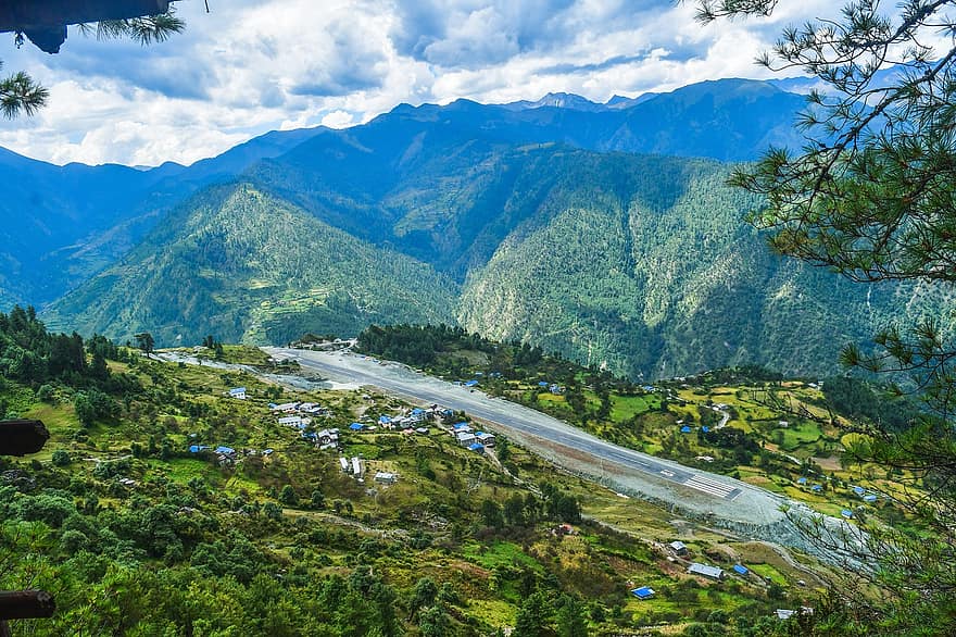 poble, nepal, muntanyes, vall, camp, naturalesa, bosc, arbres, paisatge, muntanya, color verd