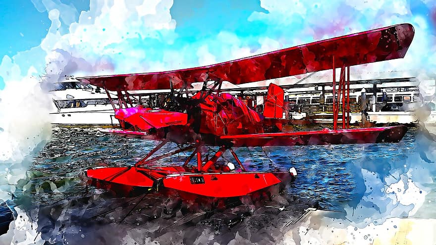 pesawat terbang air, laut, merah, seni, cat air, vintage, penuh warna, artistik, pelabuhan, abstrak, Desain