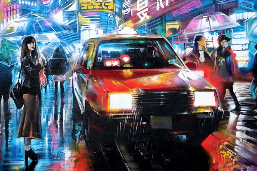 graffiti, vægmaleri, bil, kvinde, gade, nat, aften, japansk