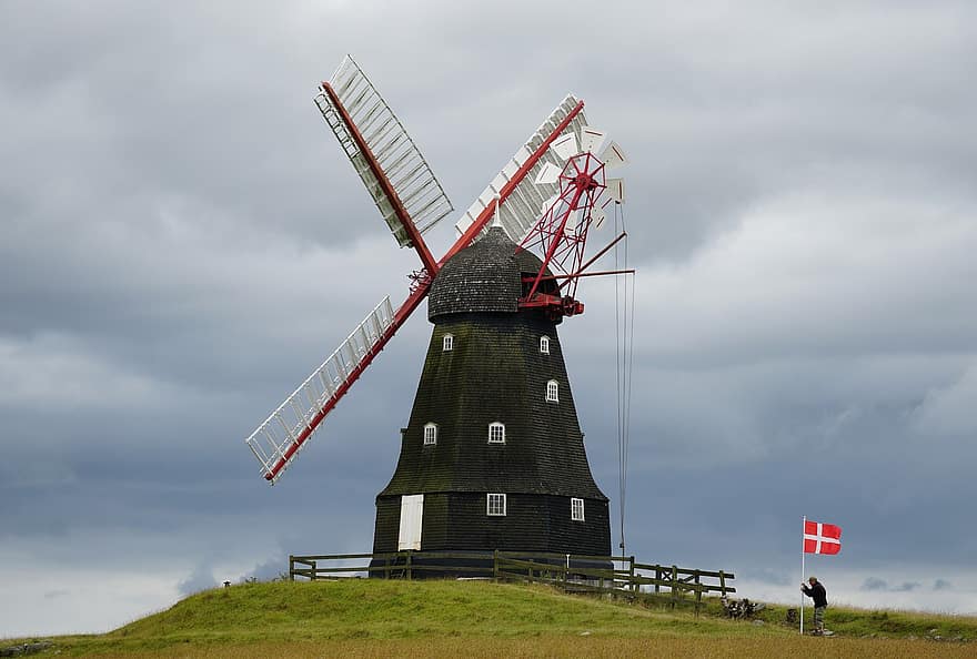 توربينات الرياح ، الدنمارك ، العلم ، لانجلاند ، مطحنة ، سكوفسجارد ، تاريخي