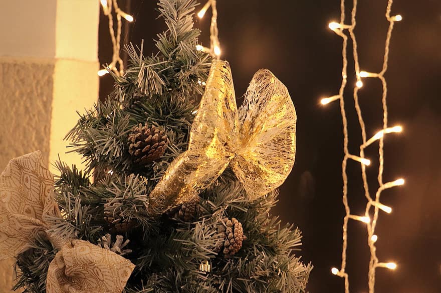 Рождественская елка, Украшение Лук, декоративный, приход, настроение, каникулы, украшение, дерево, праздник, фоны, время года