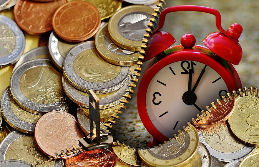 Zeit ist Geld, Währung, Euro, Uhr, Wecker, Geld, profitieren, Werdegang, Beruf, Zahlungsmittel und Zahlungsmitteläquivalente, Banknote