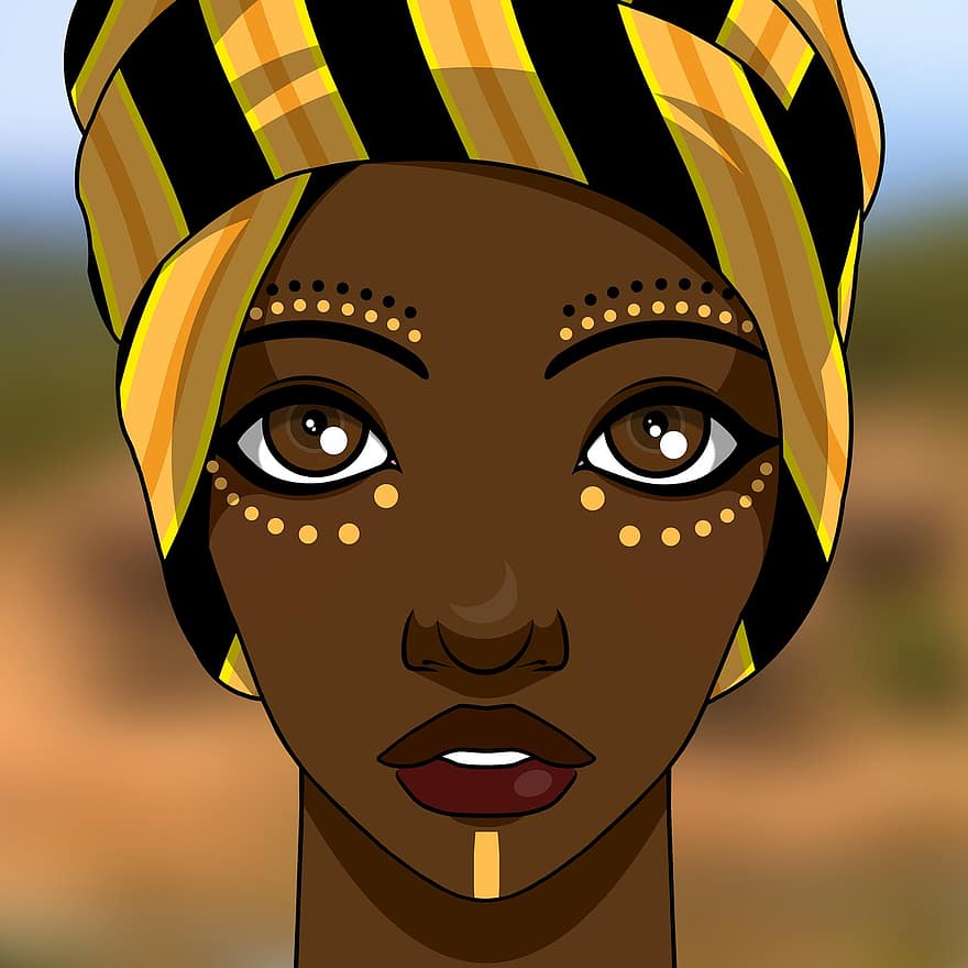 жена, африкански, тюрбан, грим, племенен, етнически, черна кожа, красота, красив, женски пол, млад