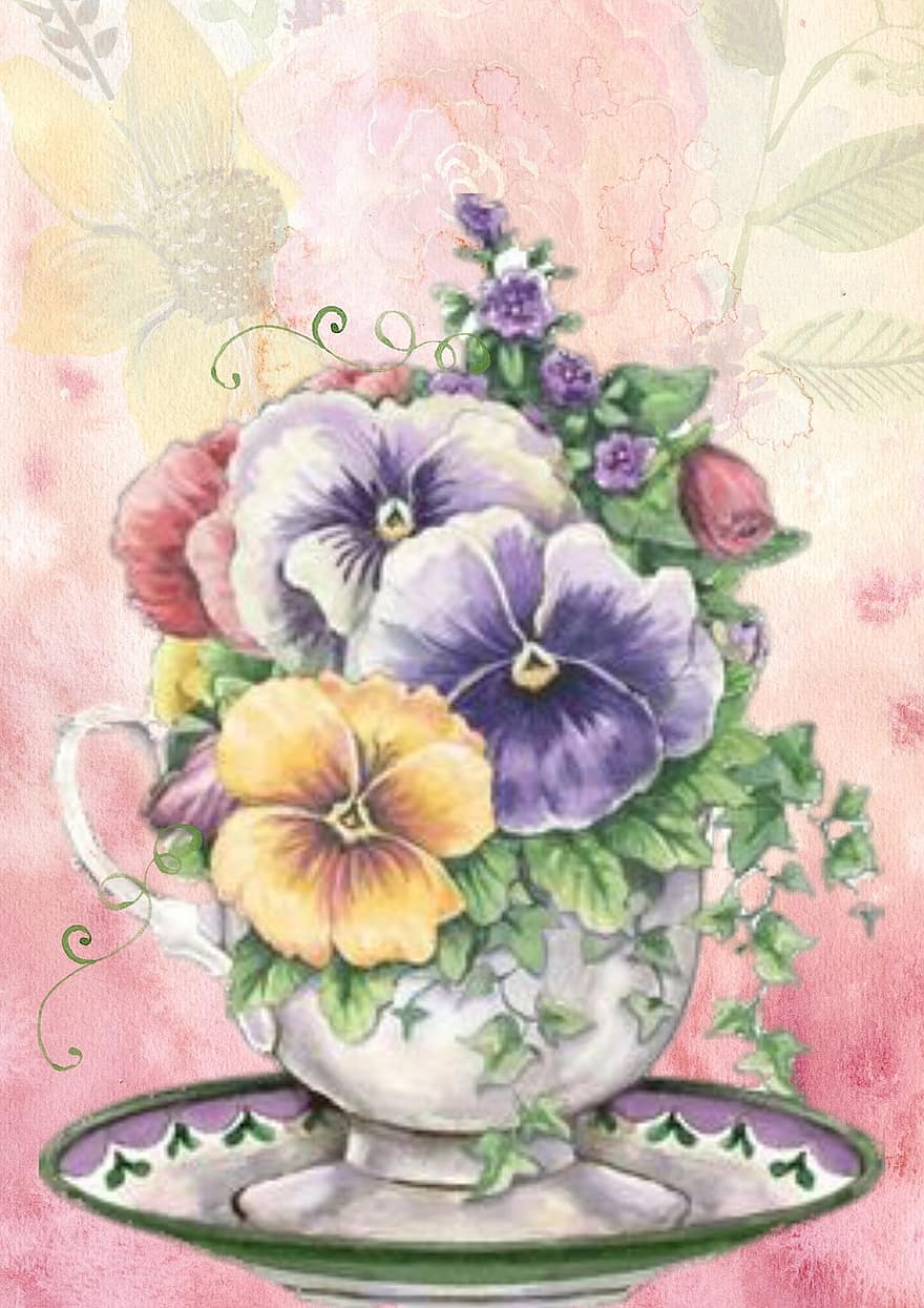 seni dinding, cangkir teh, bunga-bunga, berwarna merah muda, romantis, lembut, penuh warna, bunga, putih, hijau, termenung