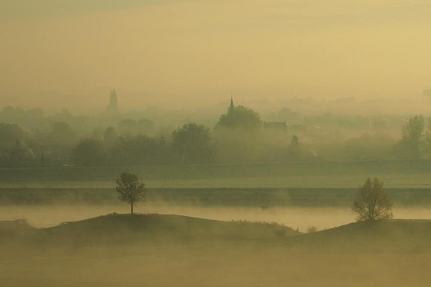 krajobraz, rzeka, ren, Gelderland, Holandia, mgła, światło