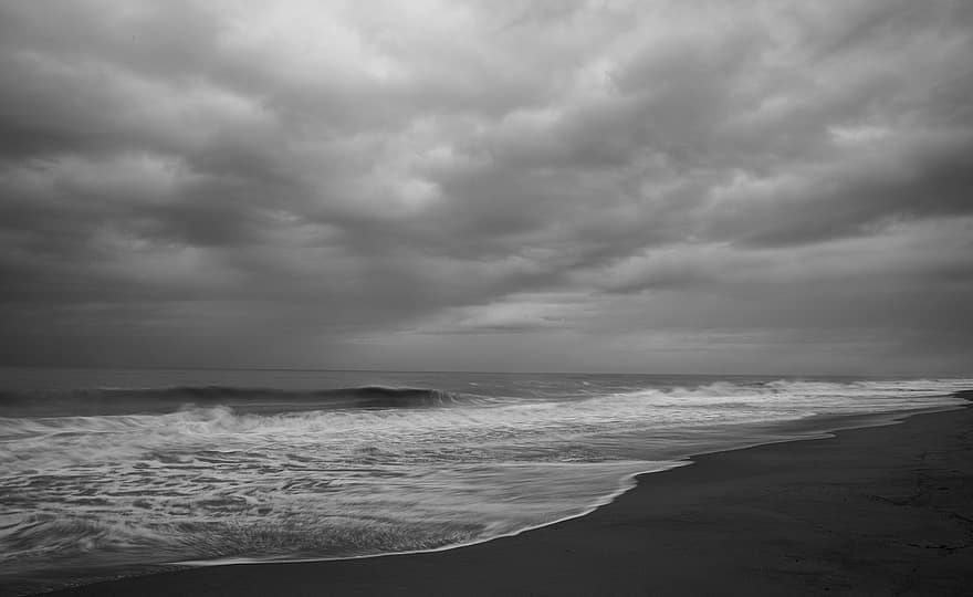 playa, costa, en blanco y negro, horizonte, marina, mar, Oceano, olas, línea costera, naturaleza, cielo