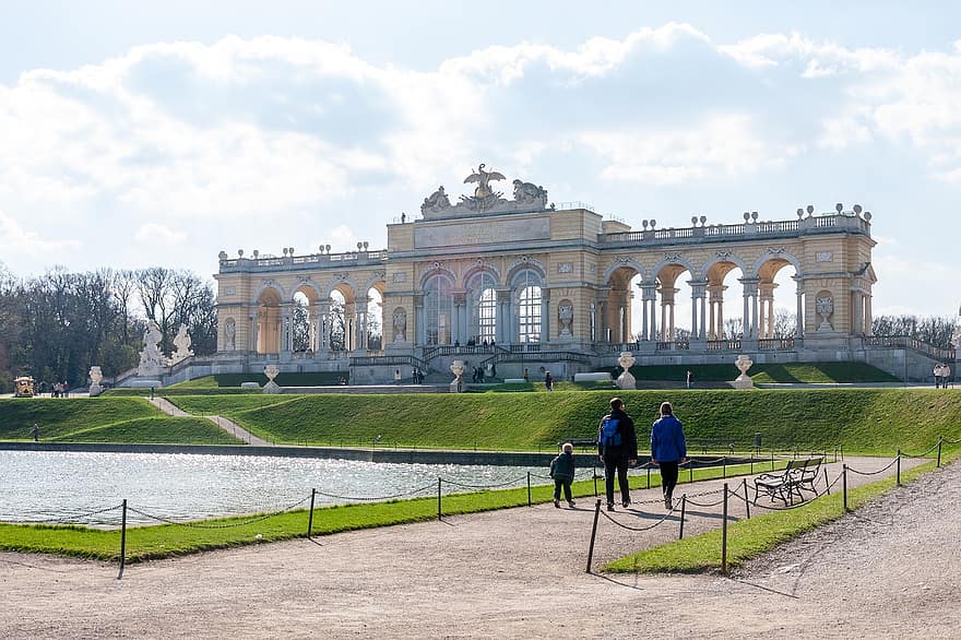 gloriette, palacio de schönbrunn, viena, parque, palacio, arquitectura, punto de referencia, lugar famoso, hierba, hombres, historia
