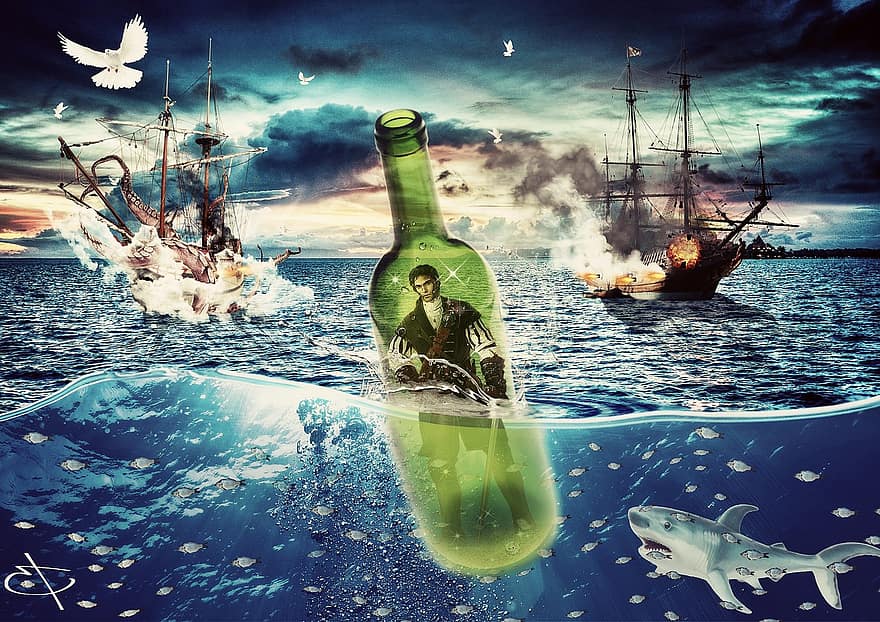 Pirate, Bottle, Boat, Marin, Sea, Ocean
