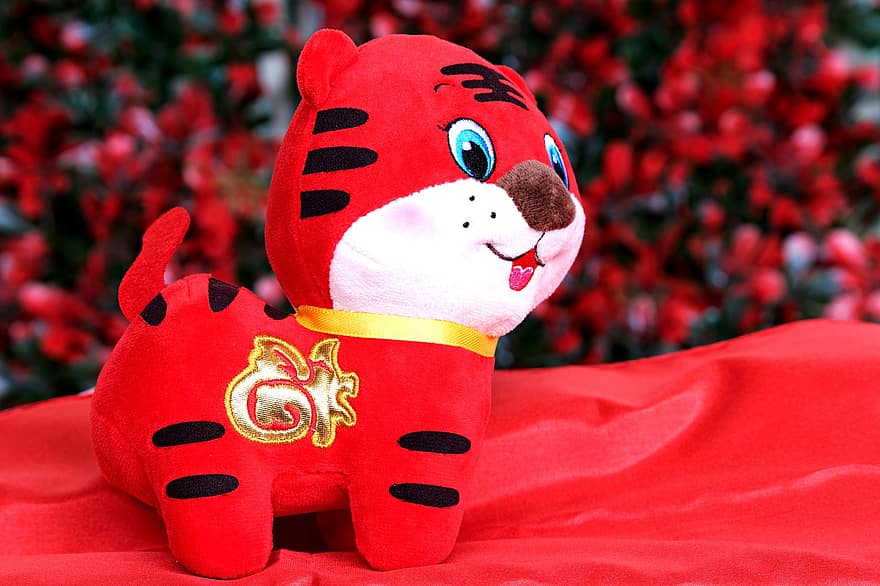 Tygří panenka, čínský Nový rok, oslava, Červený tygr, tradiční, čínština, roztomilý, pozadí, dekorace, detail, hračka