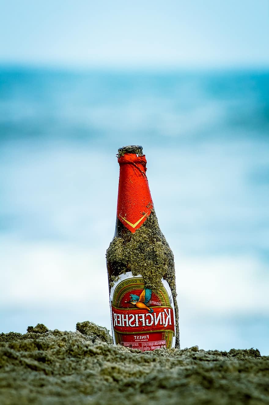 garrafa, Cerveja, de praia, areia, martim-pescador, álcool, desperdício, Lixo, lixo
