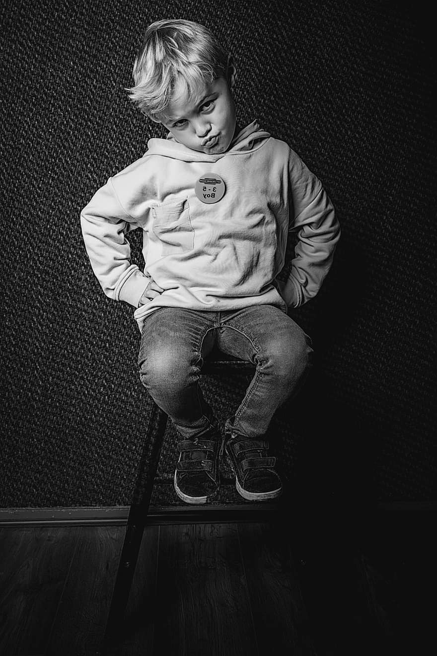 Boy, Child, Portrait, boys, one person, black and white, cute, childhood, sitting, males, lifestyles