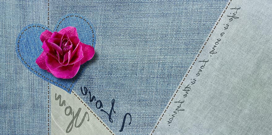 джинсы, ткань, синий, состав, текстильный, текстура, фон, шов, джинсовая ткань, Роза, цветок