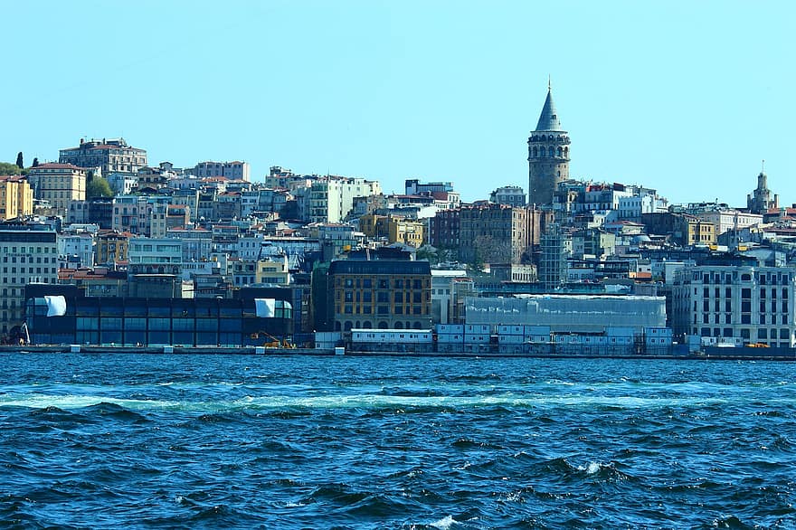 elvemunningen, hav, galata tårn, strandet i Istanbul, bybildet, berømt sted, arkitektur, vann, urban skyline, skyskraper, reise