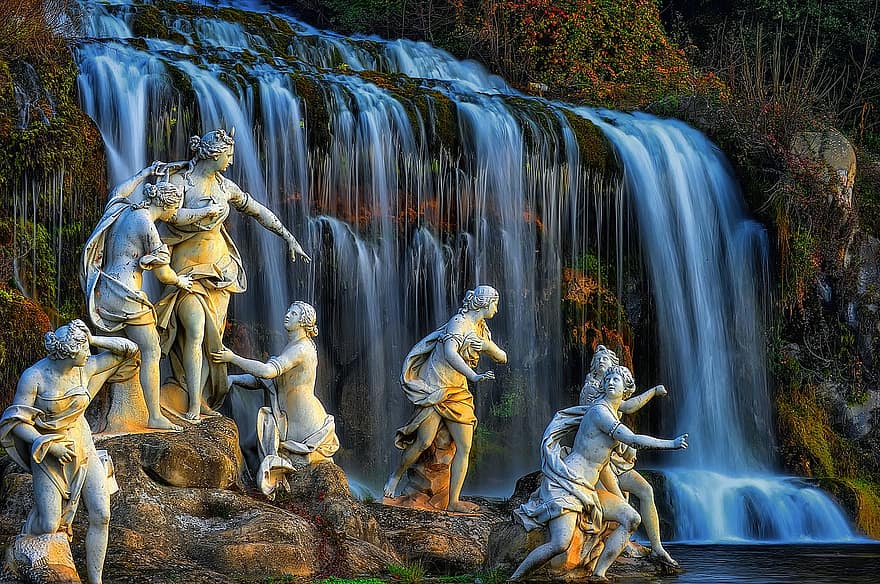 ūdenskritums, skulptūras, caserta, statujas, vēsturiska, dārzs, parks, kritieni, ūdens, plūsma, upe