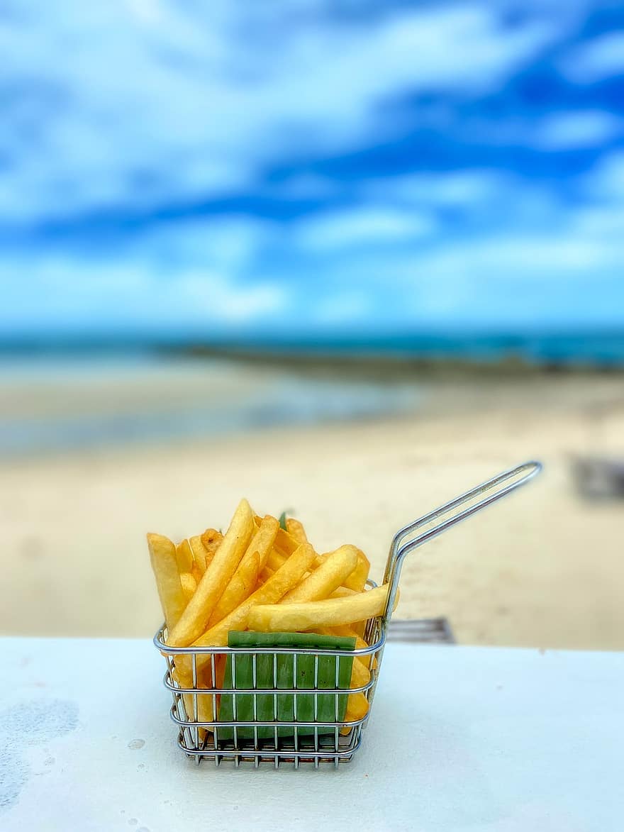 patatine fritte, carrello della spesa, ristorante, Mangia in riva al mare, vacanze, rilassare, fame, in vacanza, patate, cielo, nuvole