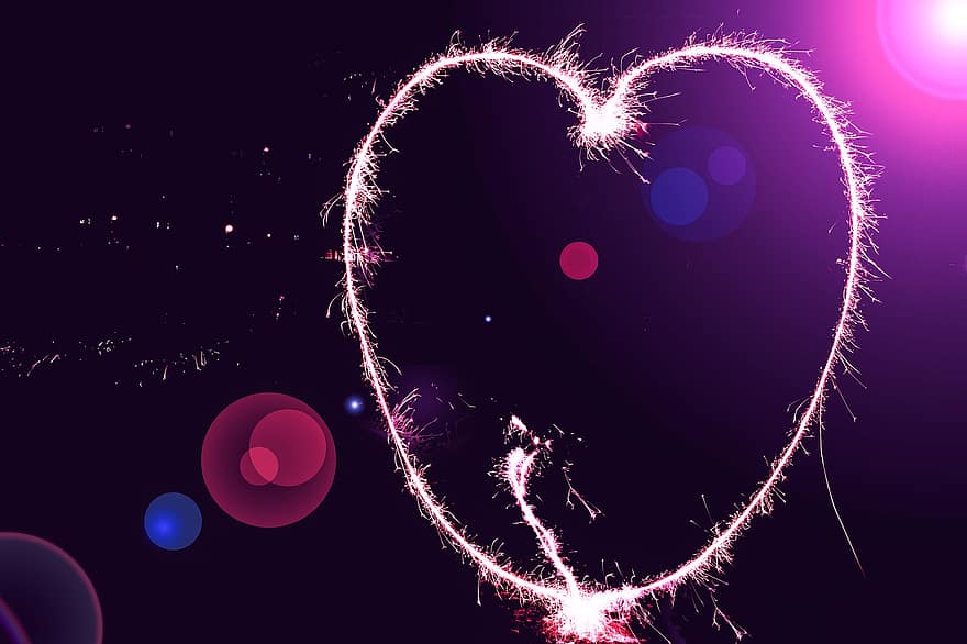 cor, amor, dia de Sant Valentí, llum, sparkler, espurna, brillant, celebració, fons, nit, resum