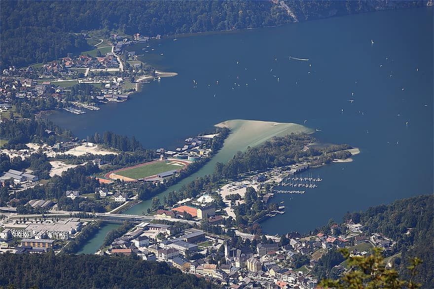 Траунзее, езеро, град, село, Залцкамергут, Австрия, Ебензее, птичи поглед, изглед от въздуха