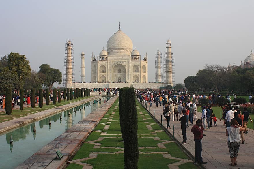 Taj Mahal, arkitektur, landemerke, himmel, bygning, turisme, mennesker, ferie, kultur, ytre, berømt sted