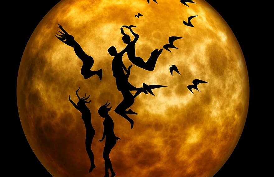 menselijk, maan, maanlicht, gymnastiek, springen, vogelstand, groep, silhouet, avond, kinderen